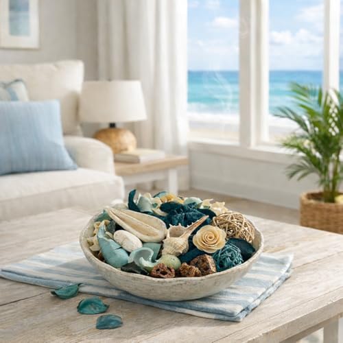 Ocean Breeze Scented Potpourri Blue Botanical Bowl Filler with Seashells