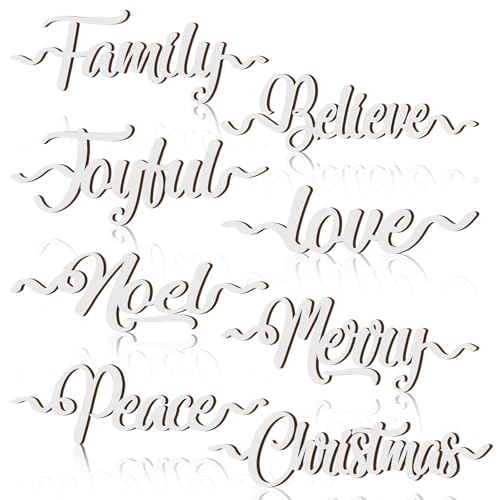 Suzile 24 Pcs Christmas Wooden Letter Signs White – 8 Styles Place Card Wood Cutouts