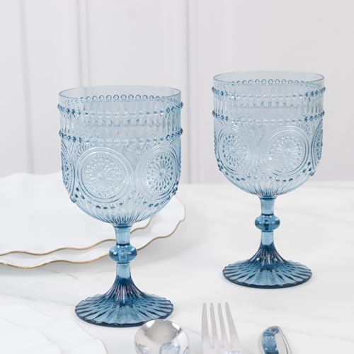 12-Pack 15oz Vintage Embossed Plastic Wine Goblets - Dusty Blue Shatterproof