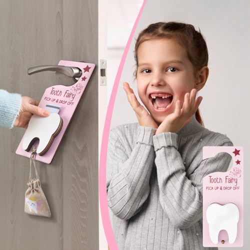 Wooden Tooth Fairy Door Hanger Set with Drawstring Pouch & Glass Jar