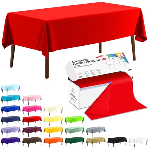 CXPSINC 54in x 300ft Red Plastic Table Cover Roll with Slide Cutter for All Table Shapes