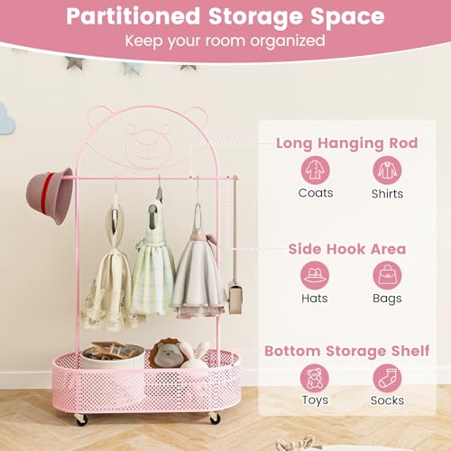 Kids Adjustable Garment Rack with Storage Basket and Wheels (Pink)