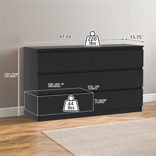 6-Drawer Double Dresser, Modern Black Storage Chest for Bedroom