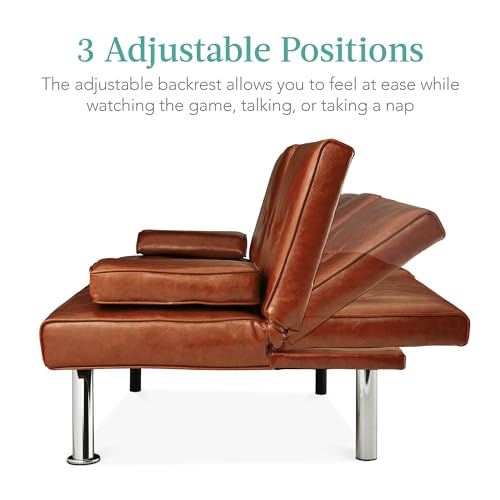 Modern Convertible Faux Leather Futon Sofa Bed with Cupholders