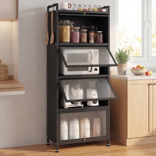 5-Tier Kitchen Storage Cabinet with Rolling Wheels and Flip-Up Doors