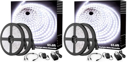 Onforu 65.6ft Dimmable White LED Strip Lights 6000K Daylight Tape, Pack of 2