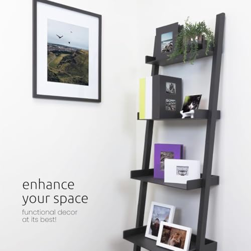 5-Tier Leaning Ladder Shelf, 18-Inch Wide Modern Wall Display, Matte Black