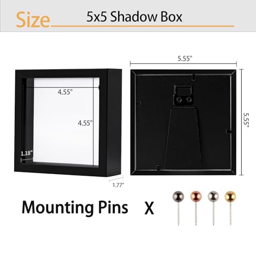 5x5 Small Shadow Box Frame with Linen Backing and Push Pins, Black