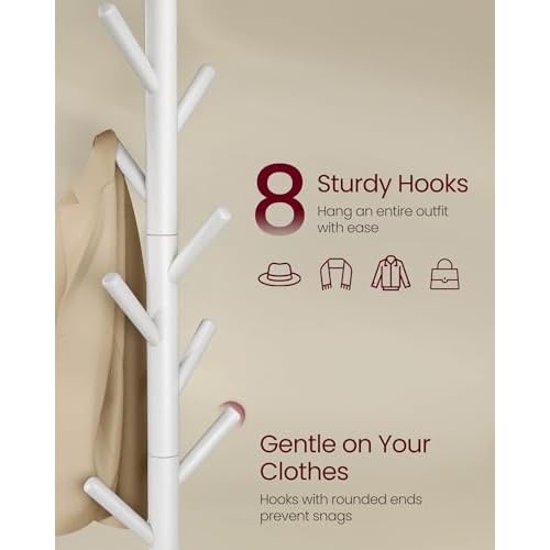 VASAGLE Solid Wood Coat Rack, Free Standing Tree-Shaped Coat Rack with 8 Hooks, 3 Height Options, for Clothes, Hats, Bags, Living Room, Bedroom, Home Office, White URCR04WT
