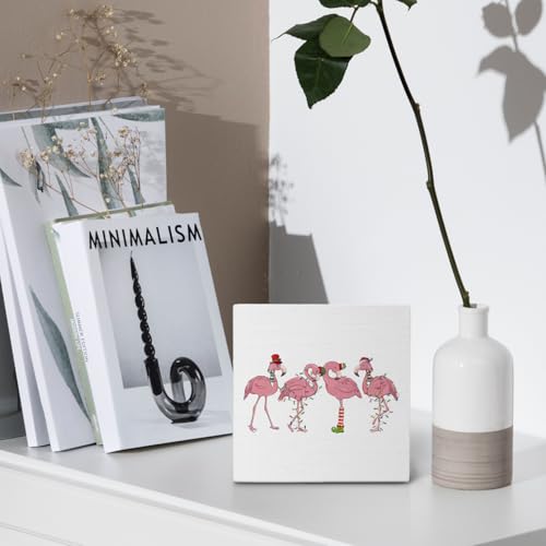 Nvotell Flamingos Funny Pink Santa Hat 5x5 Inch Wooden Box Sign — Christmas decor