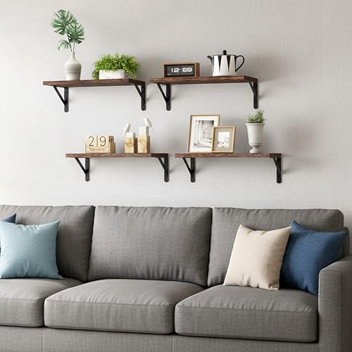 Rustic Wood Floating Wall Shelves - 16.5 Inch, Set of 4 (Brown)