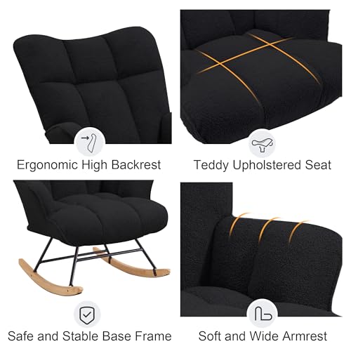 Zedachica Black Teddy Upholstered Nursery Rocking Chair Glider Armchair