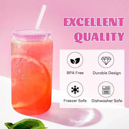 8-Piece 16oz Can-Shaped Glass Cup Set with Colorful Lids, Straws and Brushes