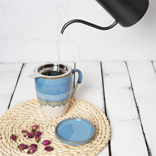 Bosmarlin Light Blue Ceramic Tea Mug with Infuser & Lid, 13.5oz, Dishwasher & Microwave Safe