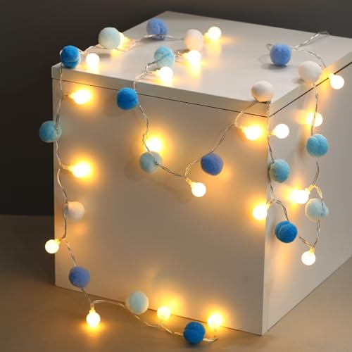 Nakolulu 2-Pack Blue 6.54ft Pom Pom Fairy Lights 20 LEDs Battery Operated