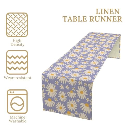 Daisy-2 W13 x L70 Table Runner – Purple Daisy Print, Cotton Linen, 13x70in