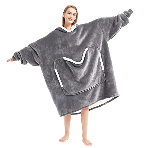Oversized Wearable Blanket Hoodie with Giant Pet Pouch - Grey Sherpa