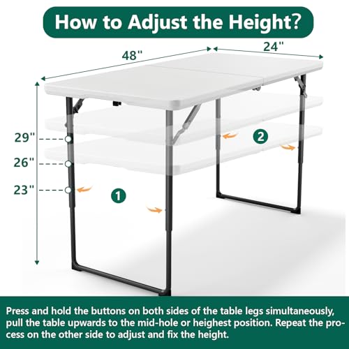 4ft Adjustable Height Folding Table, Heavy Duty Portable Plastic Table