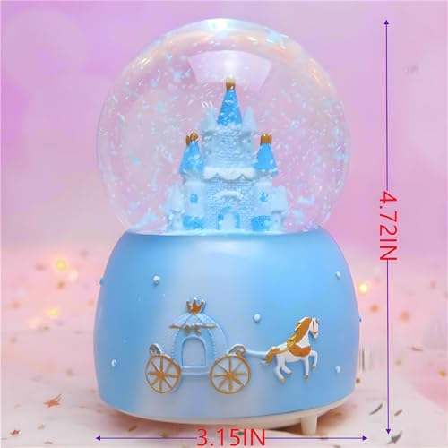 Blue Castle Musical Snow Globe with LED Lights and Automatic Snowfall