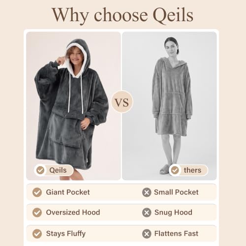 Qeils Dark Grey Wearable Blanket Hoodie for Women - Sherpa Fleece Cozy Pullover