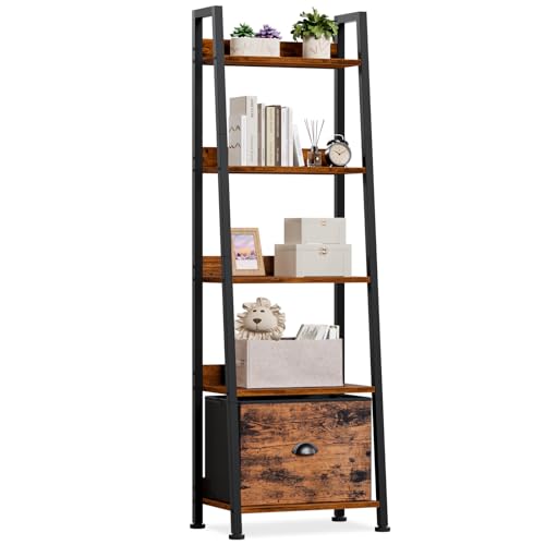 5-Tier Industrial Ladder Shelf with Fabric Drawer, Rustic Wood Bookshelf