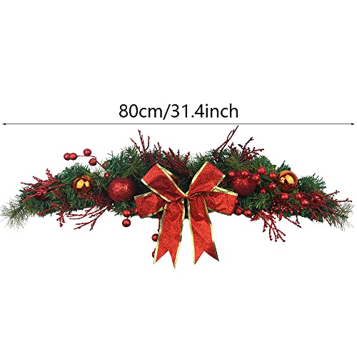 JOJAZE 31 Inch Christmas Swag Door & Wall Decor with Red Berries & Ribbon Bow