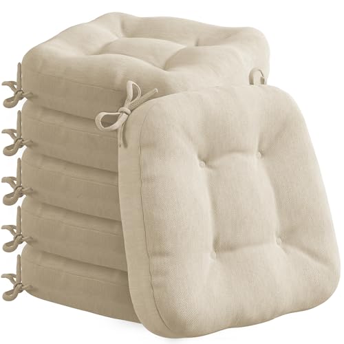 D-Shape Memory Foam Dining Chair Cushions, 6 Pack, 3.5 Inch Thick, Beige