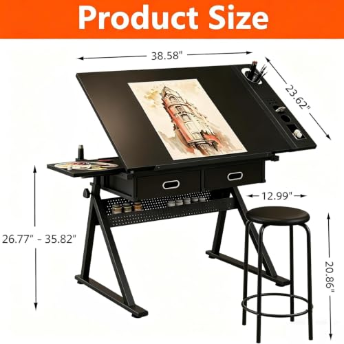 Height Adjustable Drafting Table with Stool and Storage - Tilted Art Desk