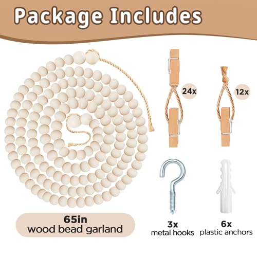 65-Inch Kids Art Display Wooden Bead Garland with 36 Clips