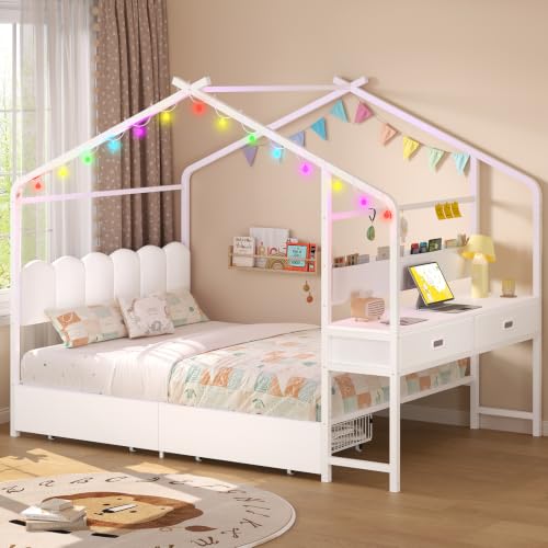 Full Size Kids House Bed with Desk and 4 Storage Drawers, White Metal Frame