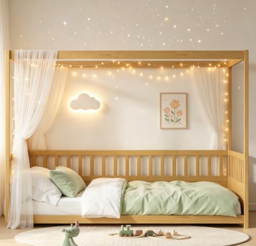 Full Size Montessori House Bed Frame with Canopy and Safety Guardrails