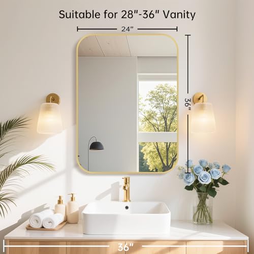 24x36 Inch Brushed Gold Bathroom Mirror, Rectangular Wall Mounted Vanity Mirror