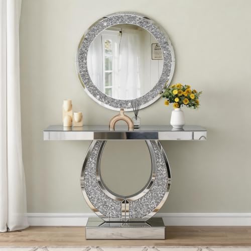 45-Inch Mirrored Console Table and Round Wall Mirror Set with Crushed Diamond