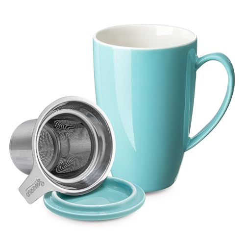Sea Blue Sweese 15oz Porcelain Tea Mug with Infuser & Lid – Microwave Safe, Lead-Free