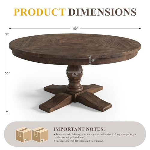 60-Inch Round Reclaimed Wood Dining Table with Pedestal Base - Farmhouse