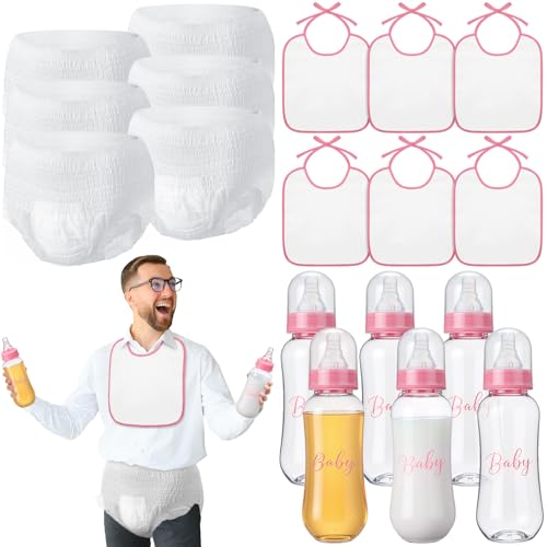 6-Piece Baby Shower Game Set: Bottles, Bibs, and Adult-Size Diapers (Pink)