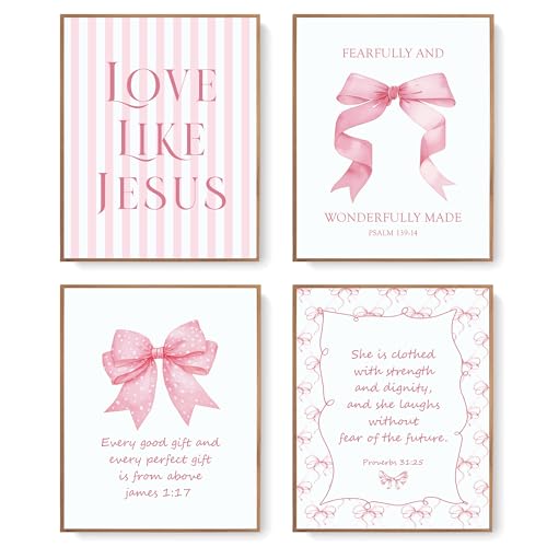 Pink Bow Christian Wall Art Decor - 10x8 Inch Inspirational Bible Verses Set of 4