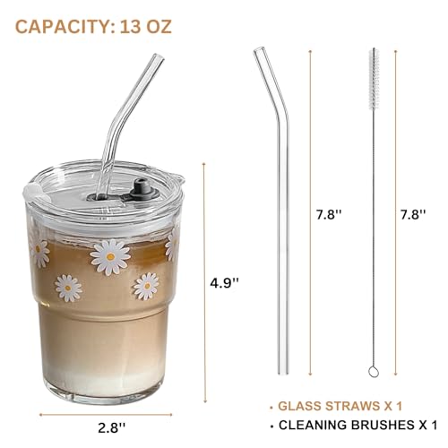 13oz Glass Tumbler with Straw and Lid - Reusable Iced Coffee Cup