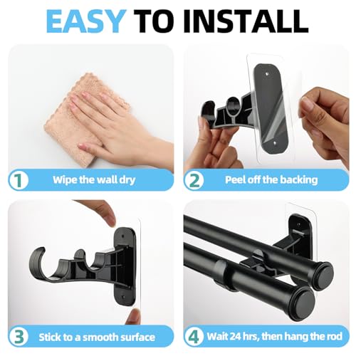 6 Pack Double Curtain Rod Brackets, Adhesive No Drill Curtain Hooks, Black