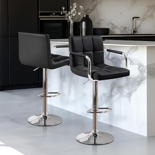 Adjustable Swivel Bar Stools with Backs and Armrests, Set of 2, Black