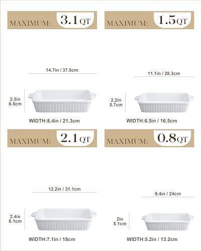 Rectangular Ceramic Baking Dish Set of 4 - White Casserole Pans with Handles