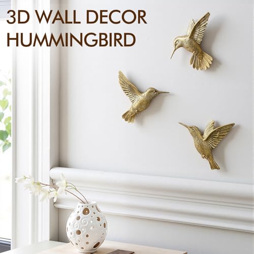 3D Hummingbird Wall Decor Set - Antique Gold Resin Bird Wall Art (Set of 3)