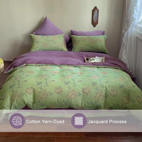 Linen Cotton Floral Jacquard Duvet Cover Set - 3 Piece Queen Bedding
