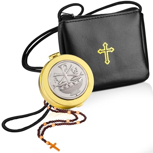Communion Pyx Box and Cross Rosary Pouch Set with Shoulder Strap