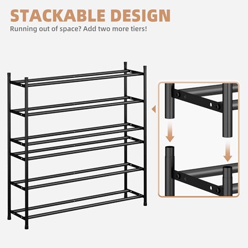 3-Tier Expandable Shoe Rack, Adjustable Metal Stackable Shoe Organizer