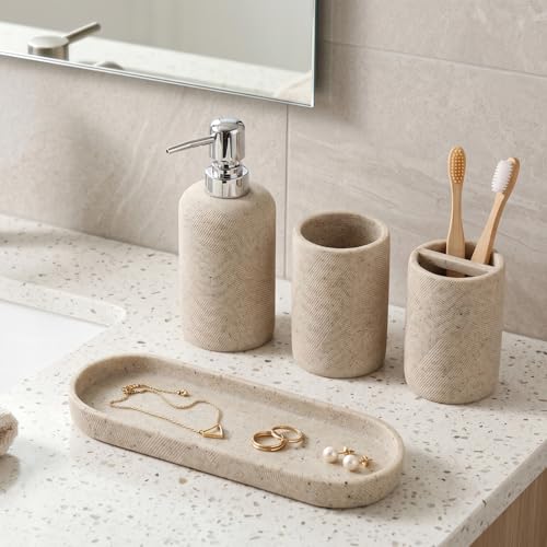 4-Piece Modern Bathroom Accessory Set, Beige Resin Organizer with Tray