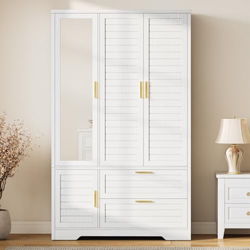 71-Inch Wood Wardrobe Closet with Mirror, 3 Doors and 2 Drawers