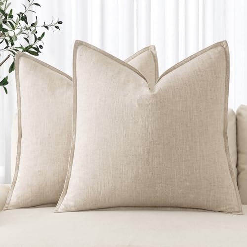MIULEE Linen Euro Sham Pillow Covers 24x24 Natural Beige Boho Farmhouse Set of 2
