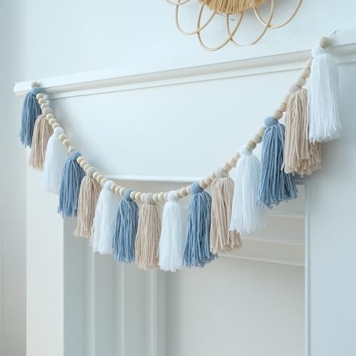 Boho Blue Tassel Garland with Wood Beads for Nursery and Home Decor