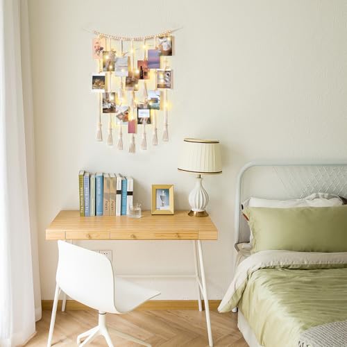 Macrame Hanging Photo Display with LED String Lights and 30 Wood Clips